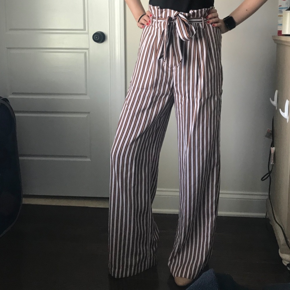 Wideleg high rise camel and white striped pants